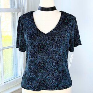 NWT Whimsigoth Vintage 90s Ronni Nicole by Ouida Blue Glitter Paisley Top XL